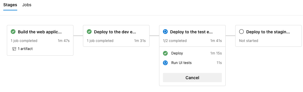 A screenshot of Azure Pipelines, showing the running stages.