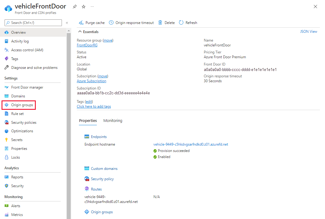 Screenshot of origin groups settings for vehicleFrontDoor profile.