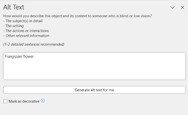 Screenshot of the Alt Text pane in Word.