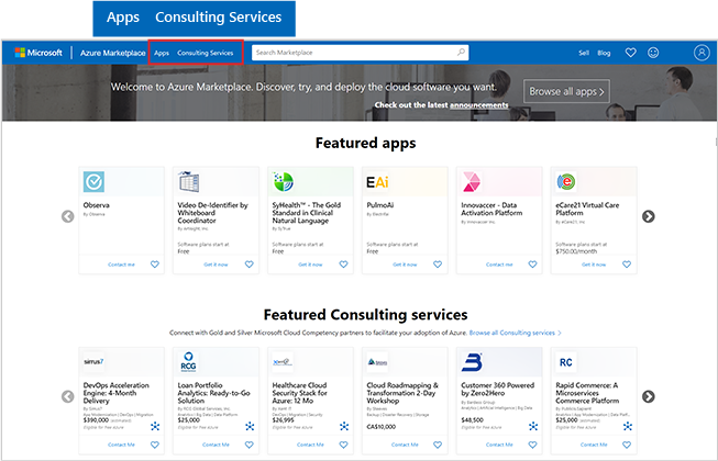 Screenshot of the Azure Marketplace homepage with emphasis on apps and consulting services buttons.