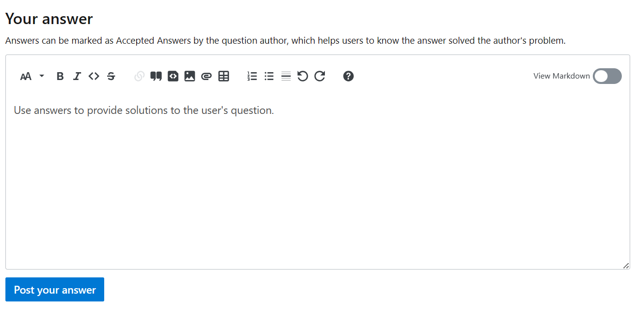 Screenshot of a blank answer form to post an answer to a question.
