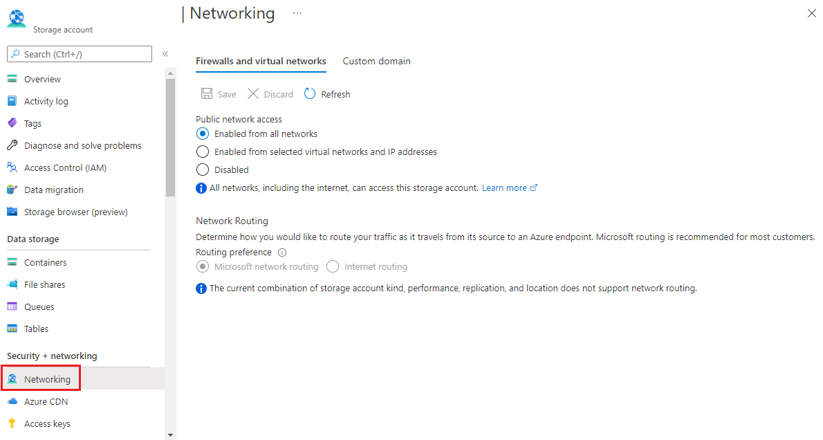 Screenshot showing the firewall options for storage accounts.