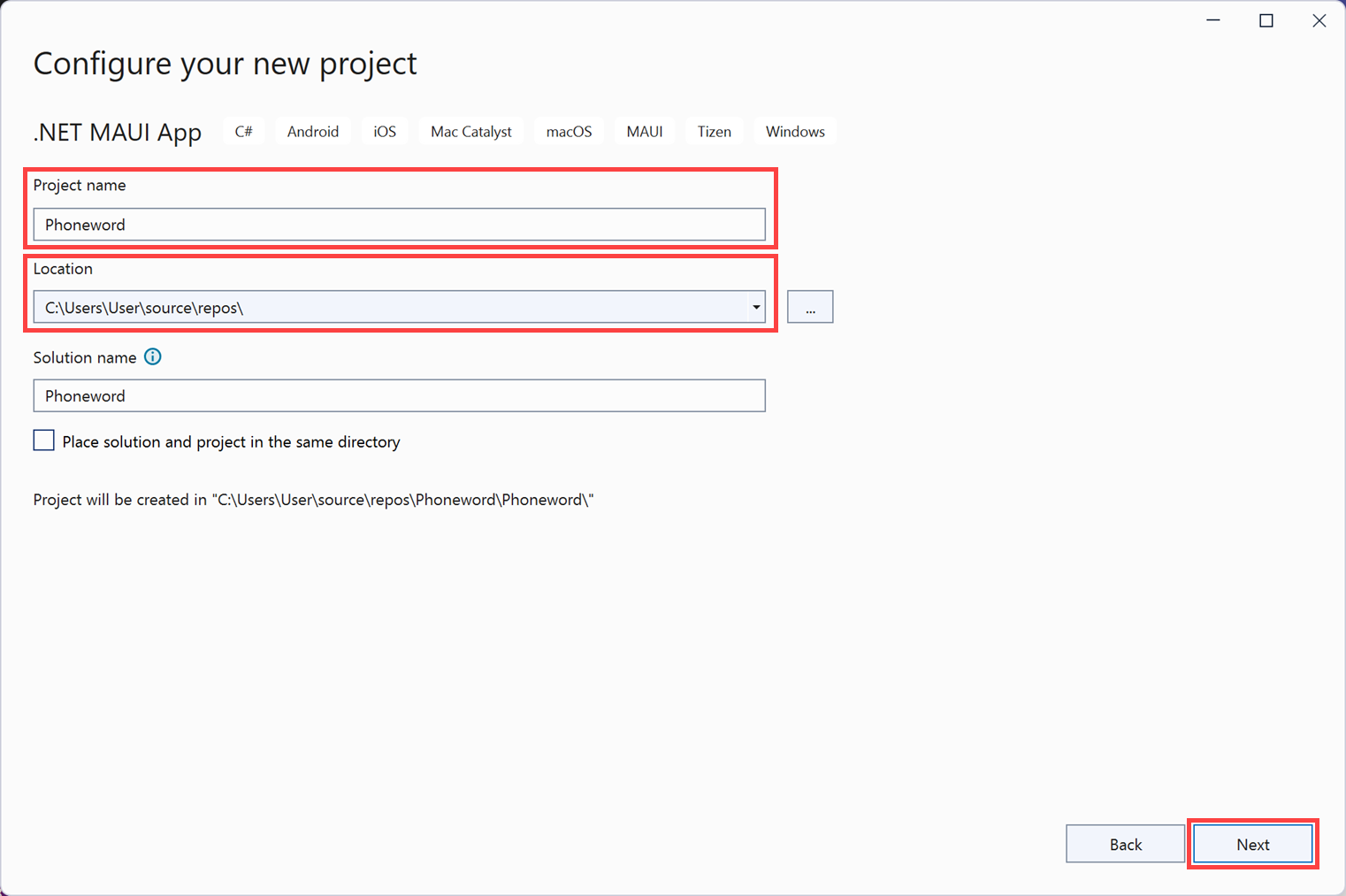 A screenshot of the Configure your new project dialog box. The user names the project Phoneword and selects a location on their hard drive to store it.