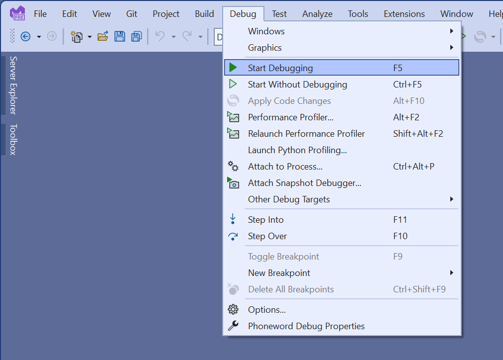 A screenshot of the Visual Studio debug menu. The user is debugging the app using the Windows Machine profile.