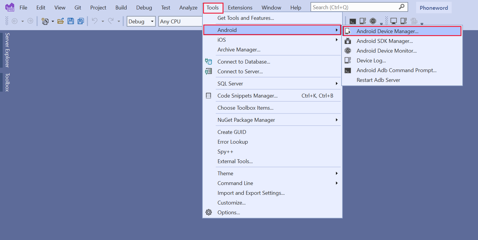 A screenshot of the Visual Studio tools menu. The user selected the Android Device Manager option.