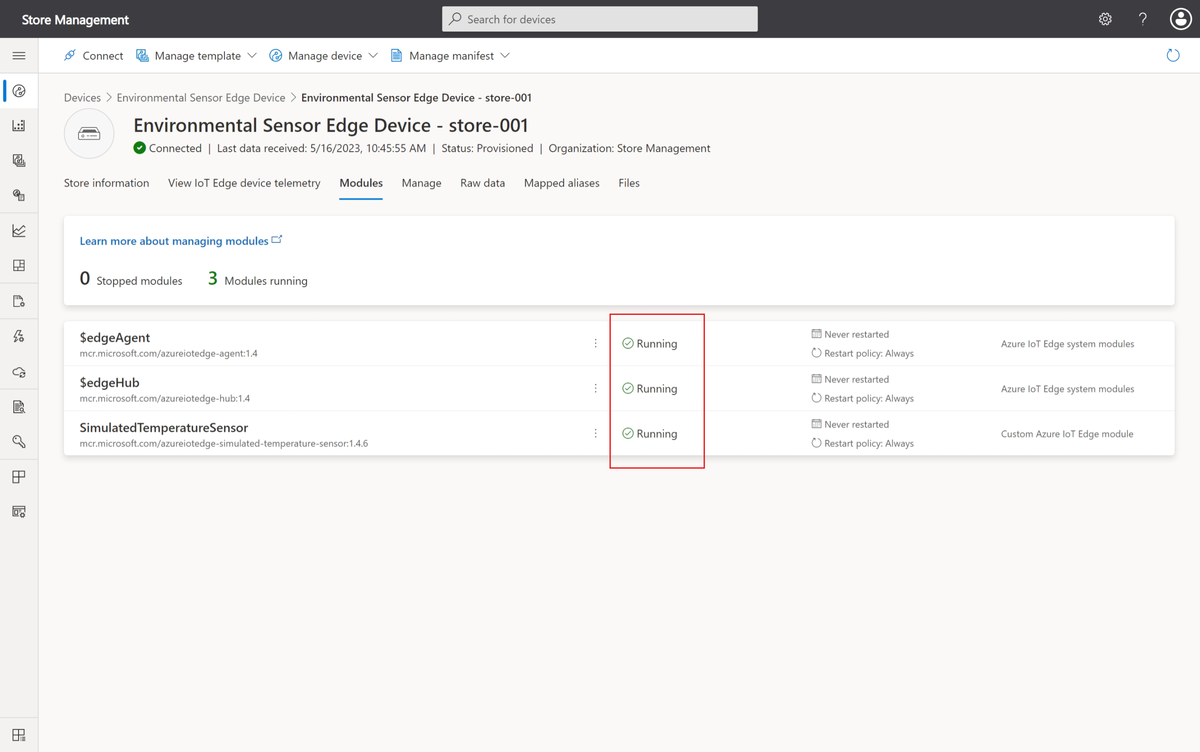 Screenshot that shows three running modules on the IoT Edge device.