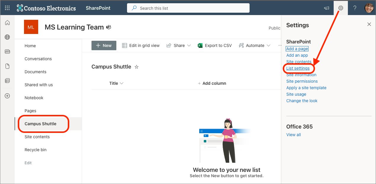 Screenshot how to get the list settings page.