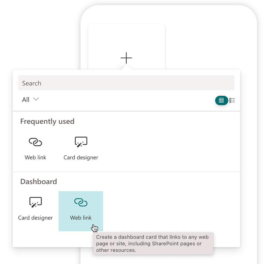 Screenshot that shows the Web link button in the web part toolbox.