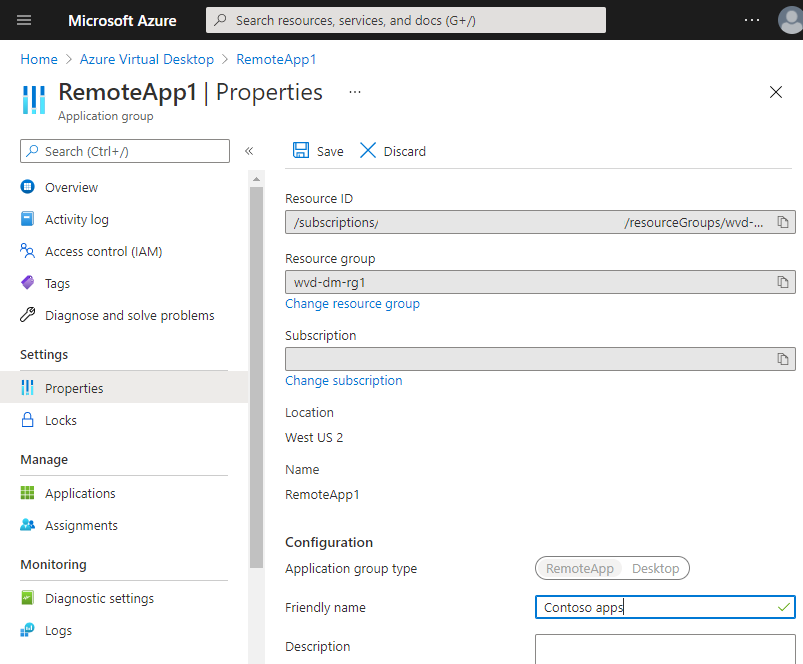 Screenshot that shows the RemoteApp application group properties with the friendly name Costoso apps.