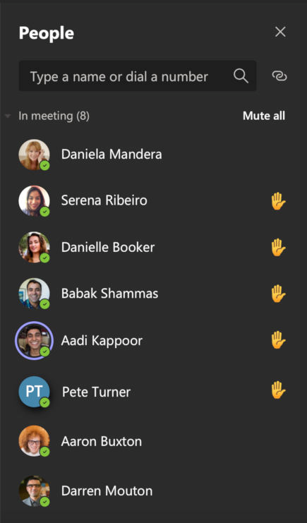 Screenshot showing all Teams participants and which ones have their hands raised.