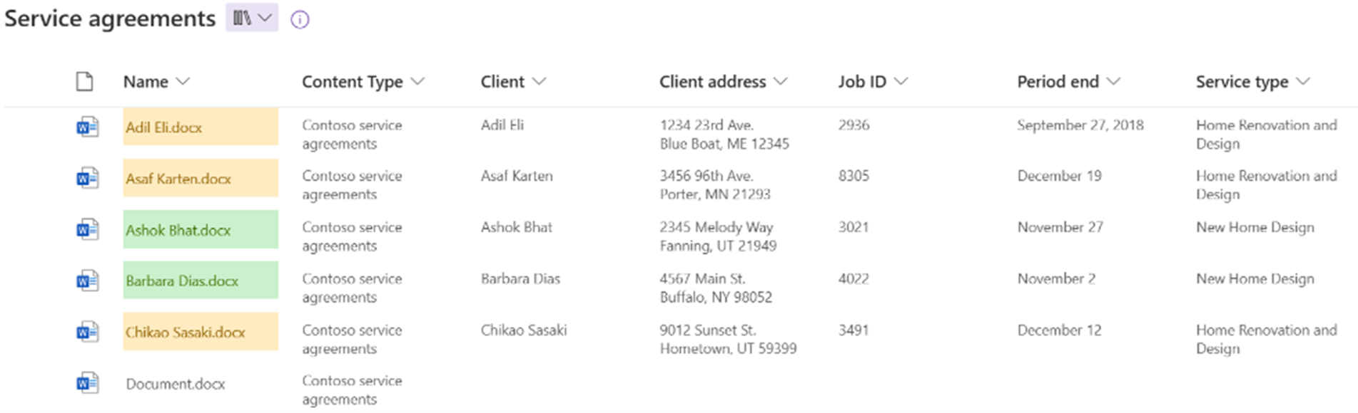 Screenshot of Contoso service agreements library with conditional formatting.