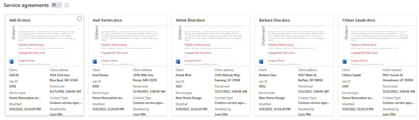 Screenshot of Contoso service agreements library in list view.