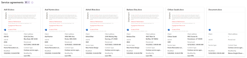 Screenshot of Contoso service agreements library in tiles view.