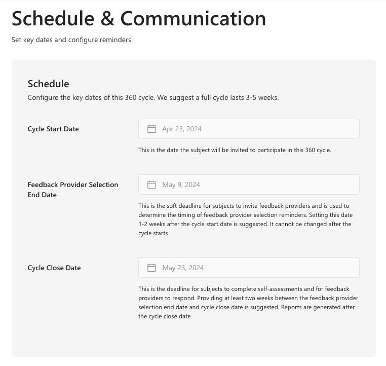 A screenshot of Viva Glint schedule dates.