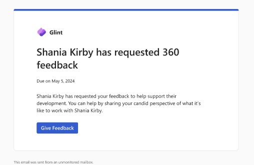 A screenshot of Viva Glint feedback provider request email.