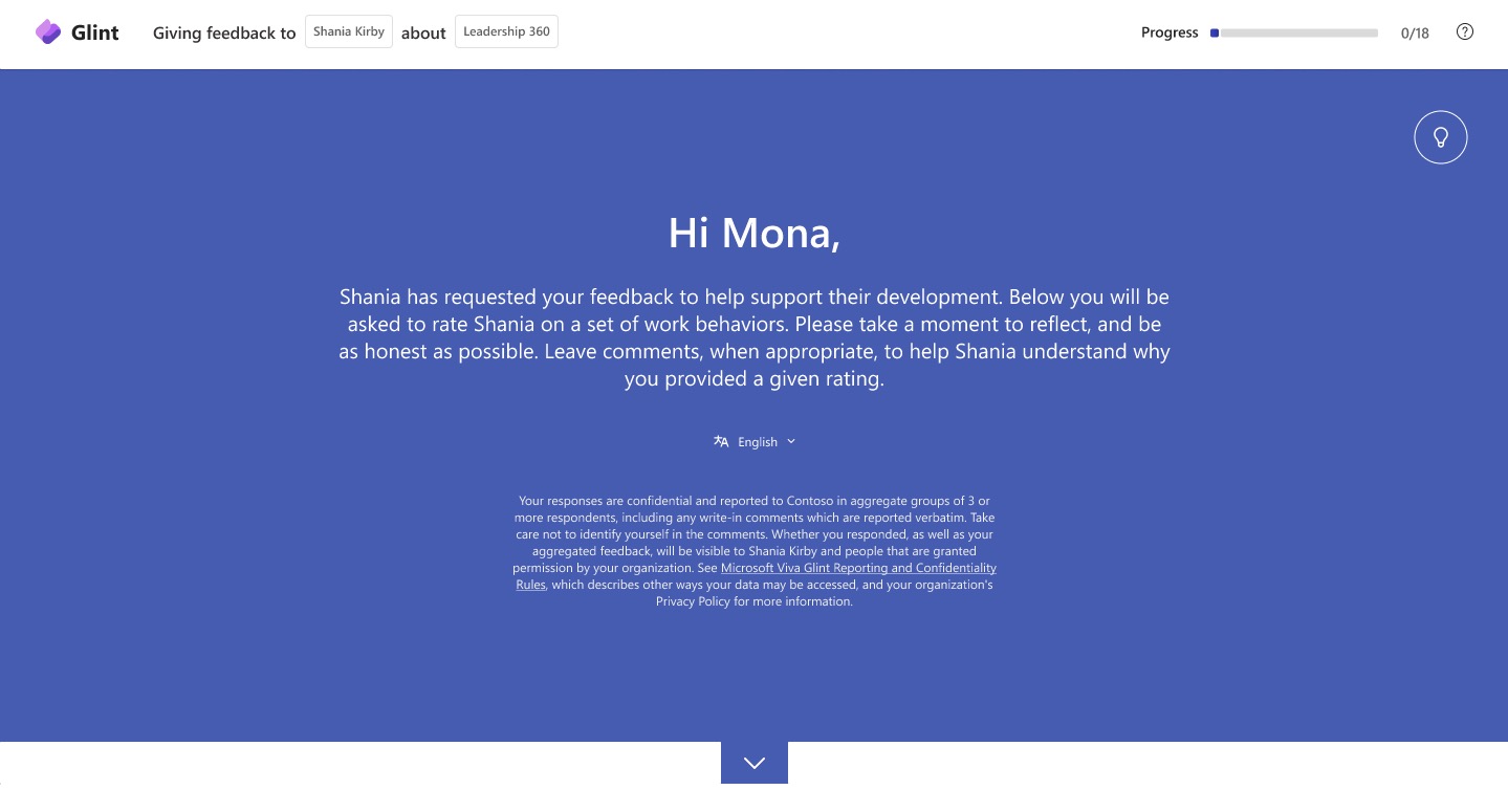 A screenshot of Viva Glint feedback provider survey experience.
