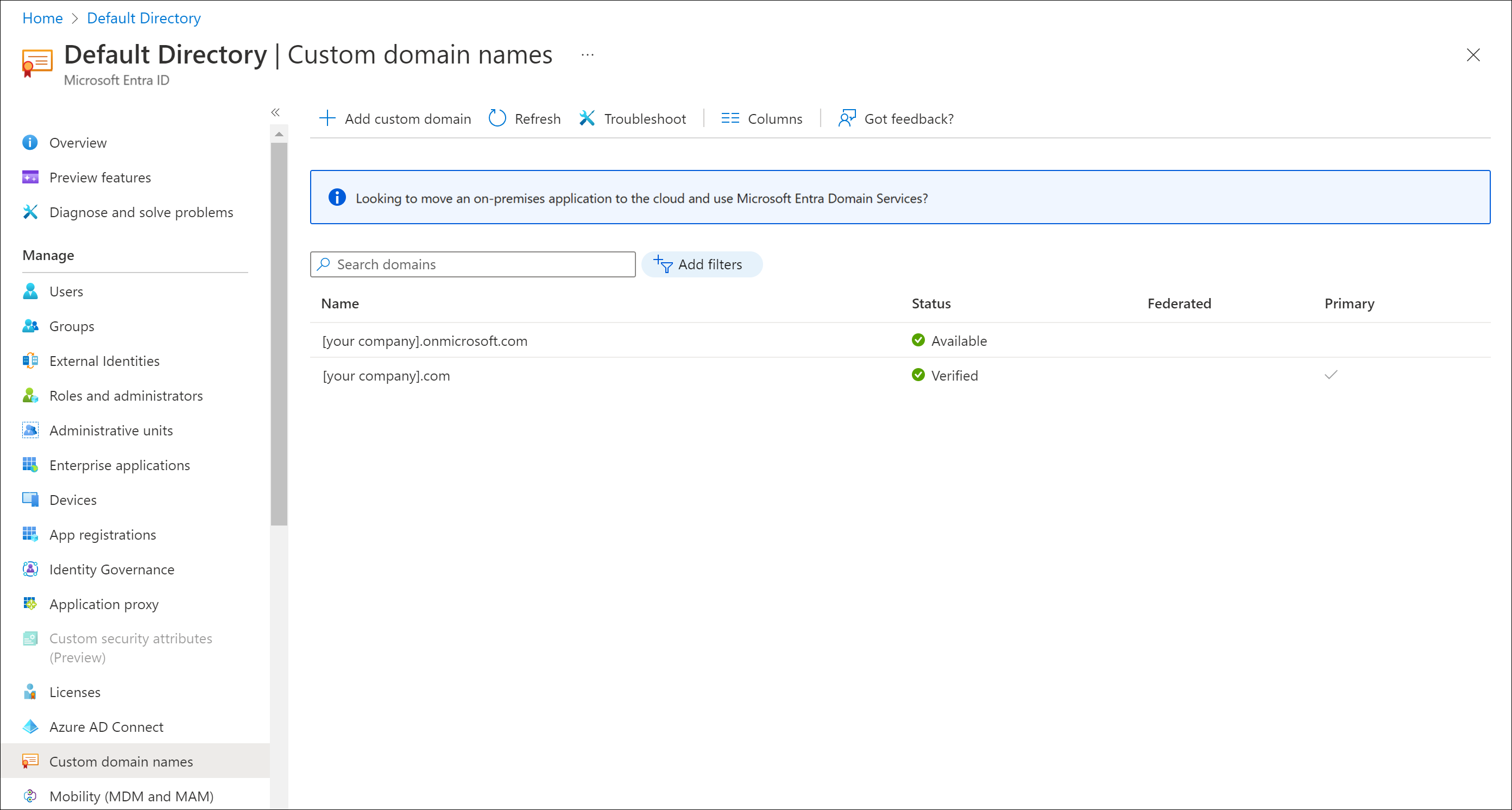 Screenshot of example domain name under Microsoft Entra ID > Custom domain names in the Azure portal.