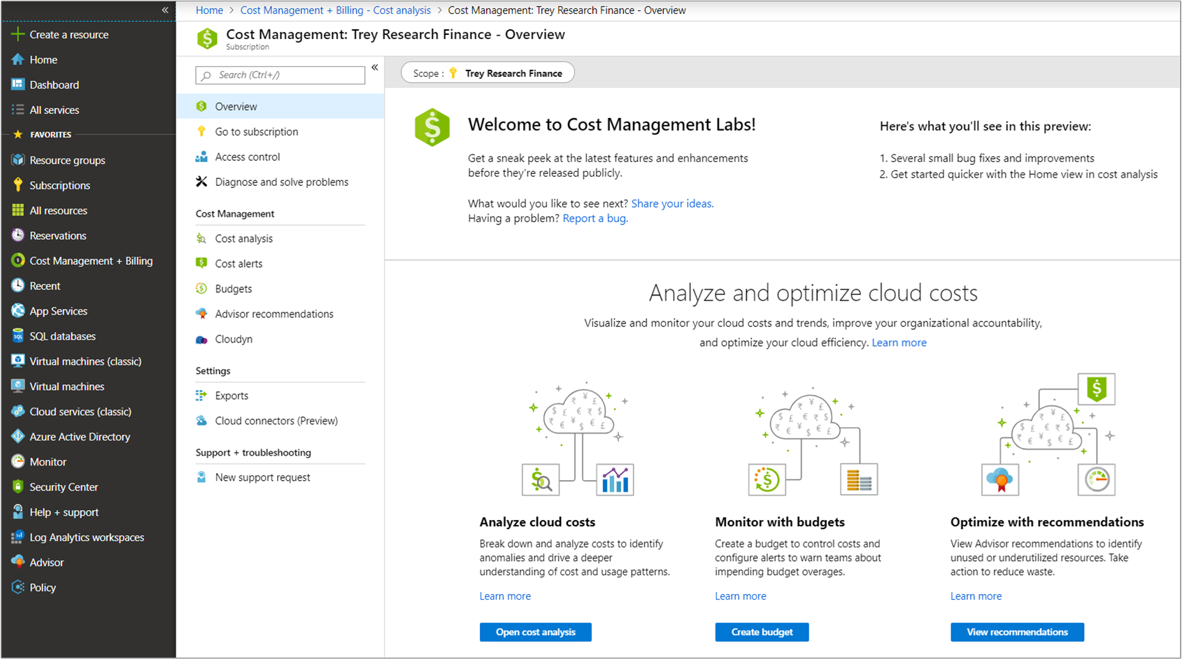 Screenshot of Azure Portal navigated to Cost Management overview panel from the Cost Management + Billing side navigation.