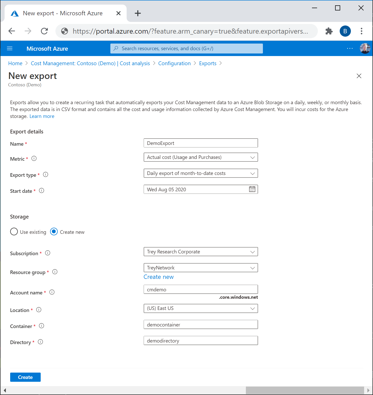 Screenshot that shows the New export panel.