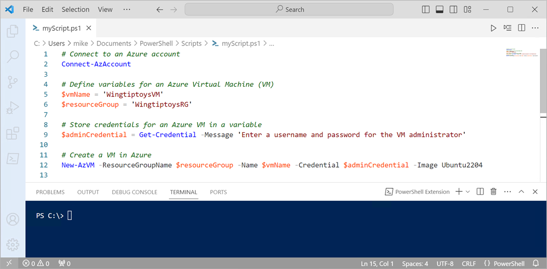 Screenshot of VS Code with a PowerShell script to create a virtual machine in Azure.