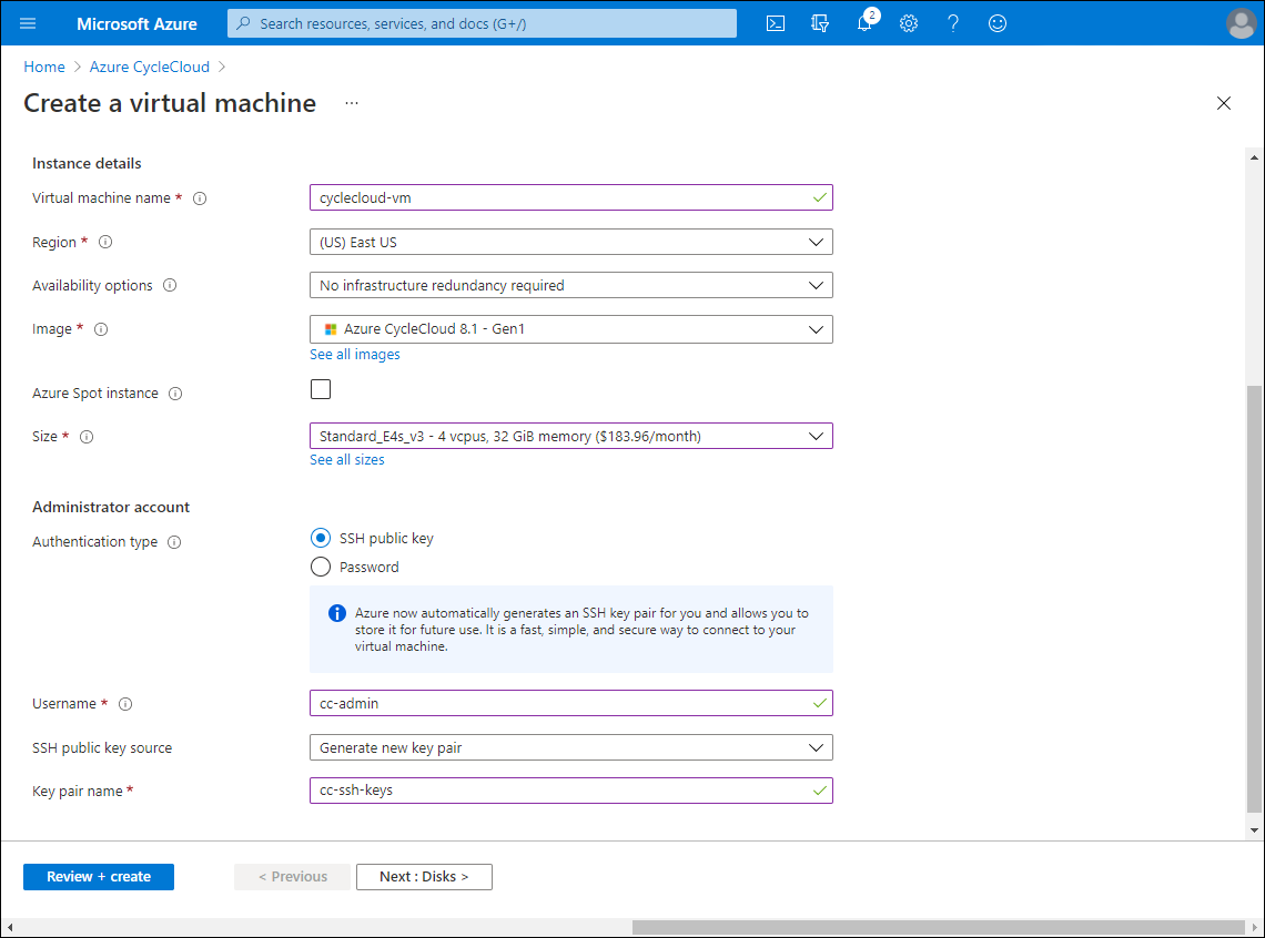 Screenshot showing the lower section of the Basics tab of the Create a virtual machine blade in the Azure portal.