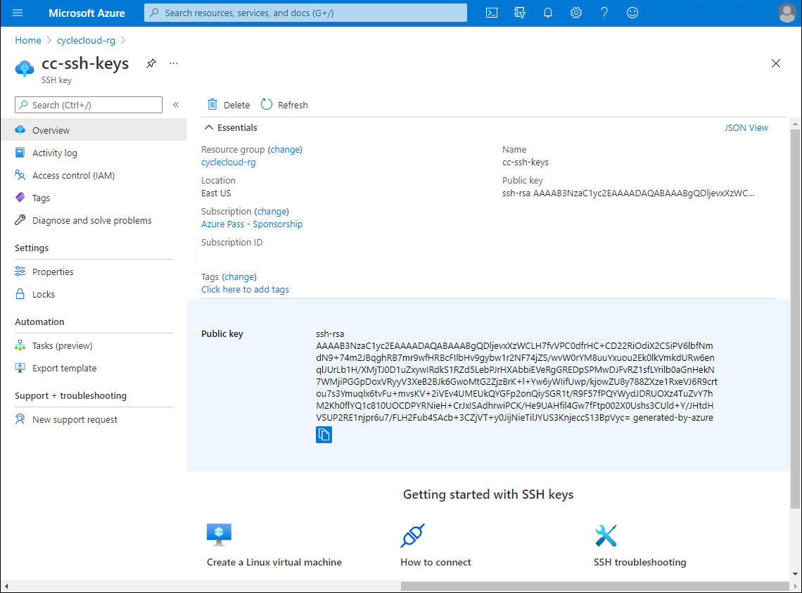 Screenshot showing the Essentials section of the cc-ssh-keys section, including the Public key entry in the Azure portal.