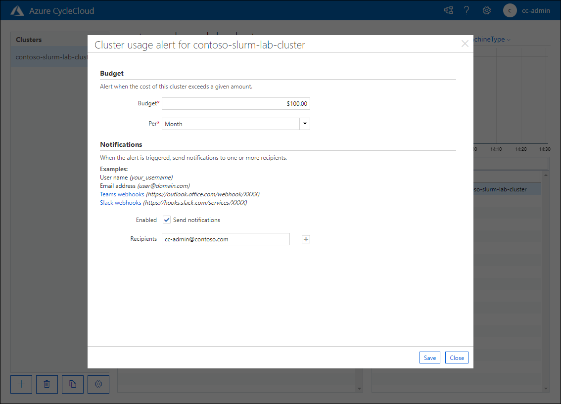 Screenshot that shows the Cluster usage alert for contoso-slurm-lab-cluster pop-up window in the Azure CycleCloud web application.