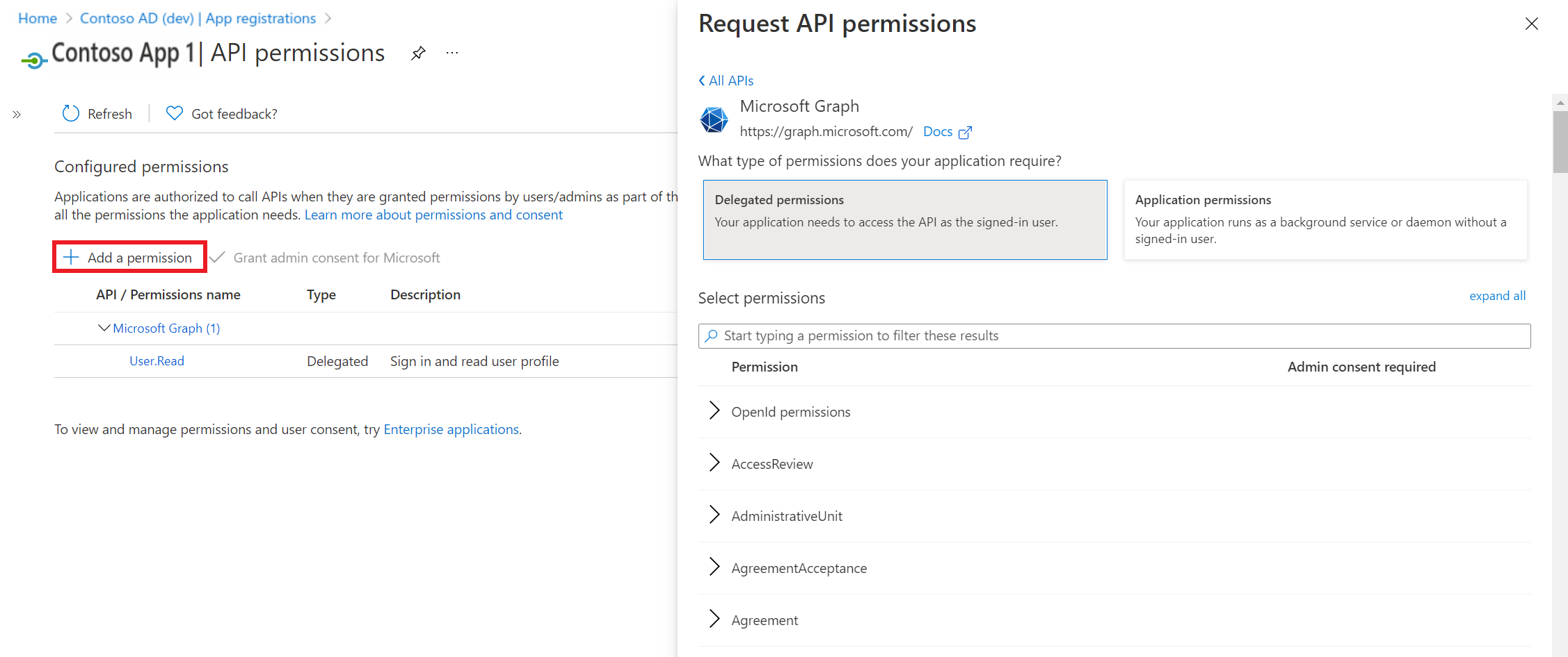 Screenshot showing the API permissions blade of an app registered with Microsoft Entra ID on Azure portal.