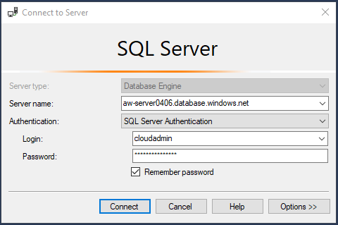 Screenshot of connection dialog for SQL Database in SSMS.