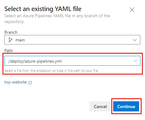 Screenshot of the Azure DevOps 'Select an existing YAML file' pane, with Path set to the pipeline file and the Continue button highlighted.