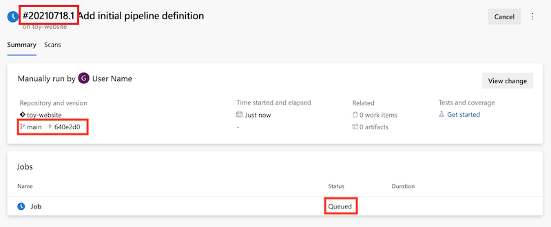 Screenshot that shows the pipeline, with the job in the queued state.