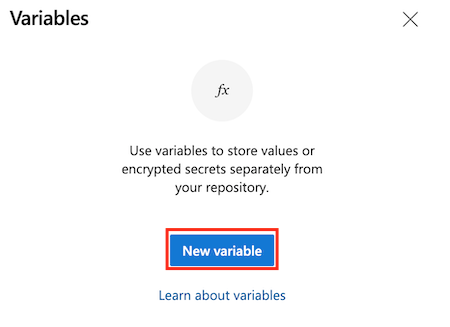 Screenshot of Azure DevOps that shows the pipeline variable editor, with the 'New variable' button highlighted.