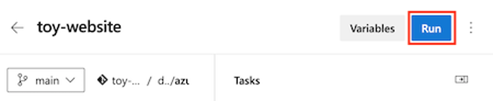 Screenshot of Azure DevOps that shows the pipeline, with the Run button highlighted.