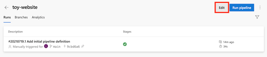 Screenshot of Azure DevOps that shows the pipeline, with Edit highlighted.