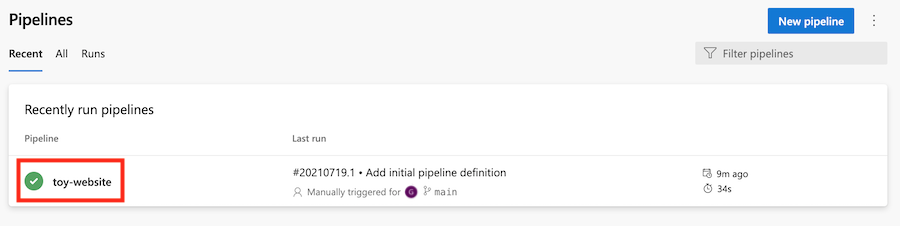 Screenshot of Azure DevOps that shows the pipelines list, with the toy-website pipeline highlighted.