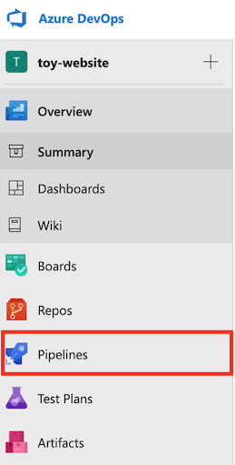 Screenshot of Azure DevOps that shows the menu, with Pipelines highlighted.