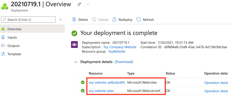 Screenshot of the Azure portal that shows the resource group deployment details, with the App Service resources highlighted.