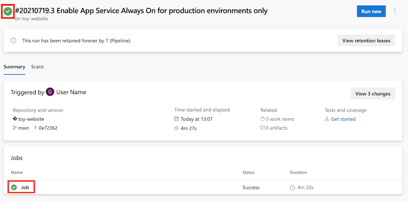 Screenshot of Azure DevOps that shows the successful pipeline run.