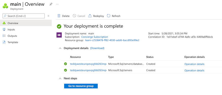 Screenshot of the Azure portal resource group overview pane for the specific deployment, with a logical server and database resource listed.