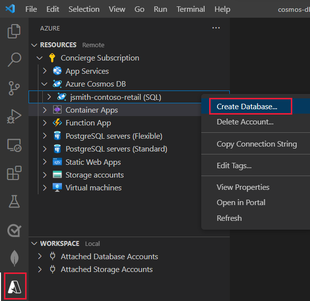 Screenshot of the Azure explorer in Visual Studio Code. The user has selected the Create Database command for the Azure Databases extension account.