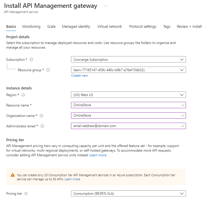 Screenshot showing settings for an API Management service.