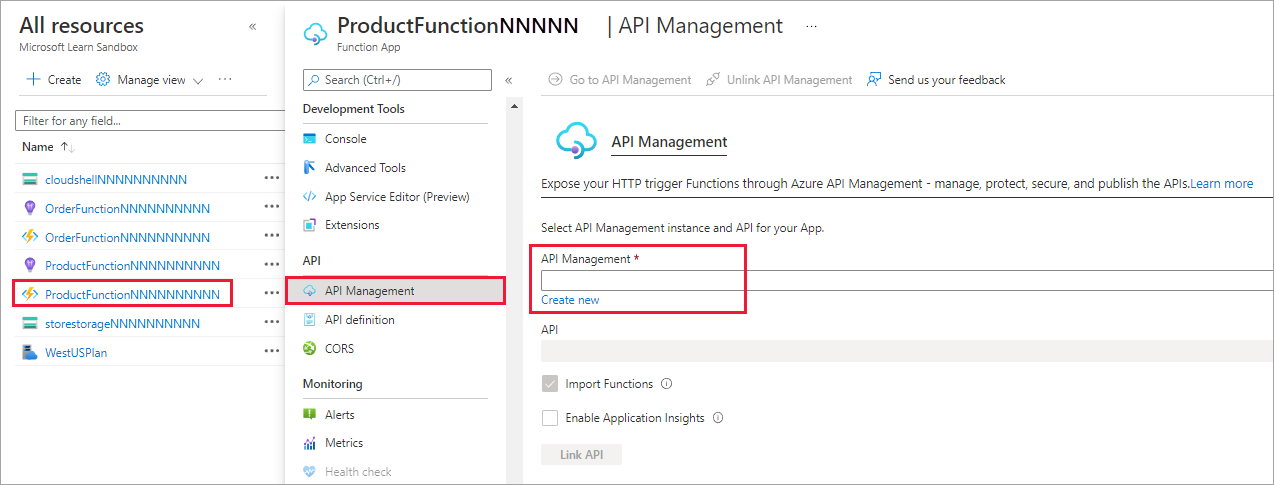 Screenshot showing menu selection to open the API Management app service.