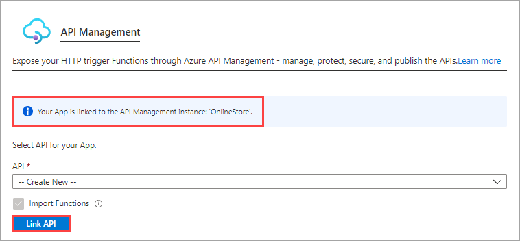 Screenshot of API Management highlighting the Link API button.