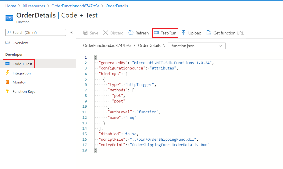 OrderDetails JSON code, with Code + Test in menu and Test/Run in command bar highlighted.