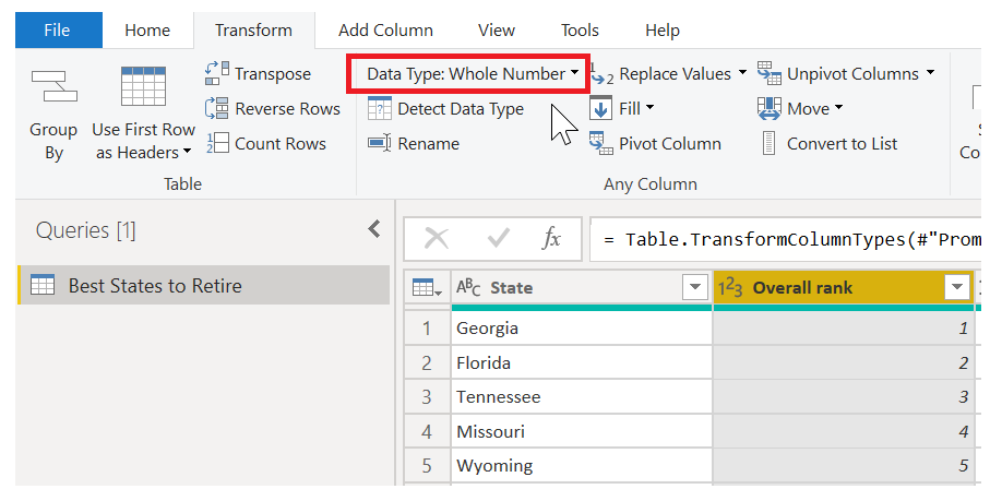 The Transform ribbon and the Data Type button