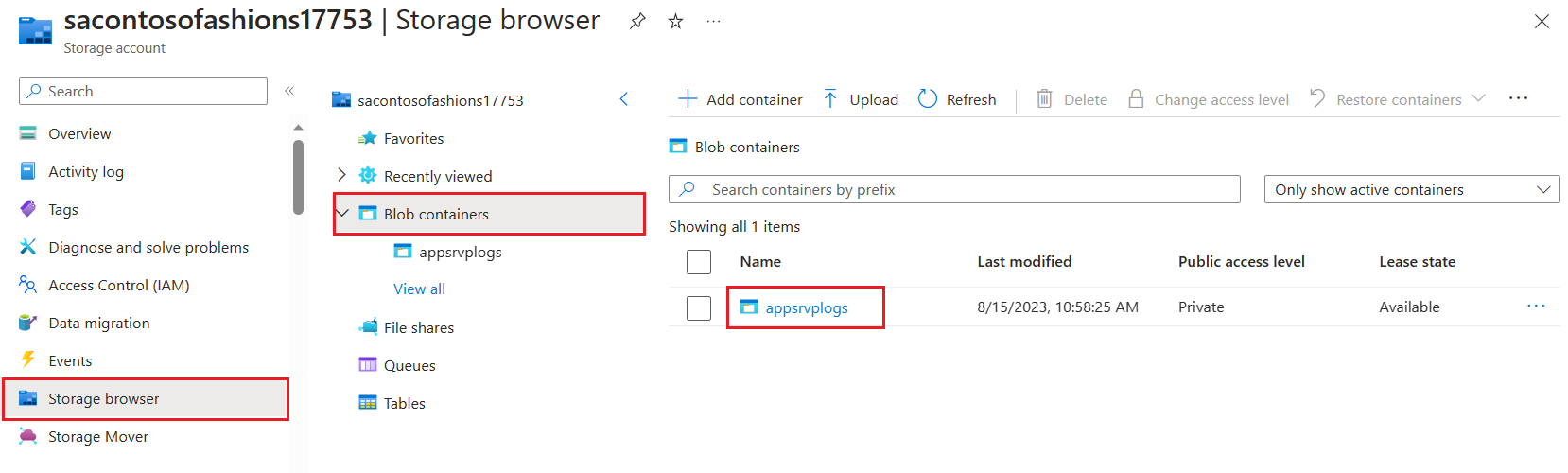 Screenshot of the Storage browser to download Windows app logs from blob containers.