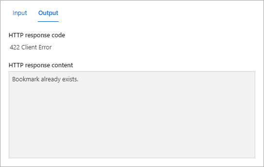Screenshot of output tab showing bookmark already exists response.