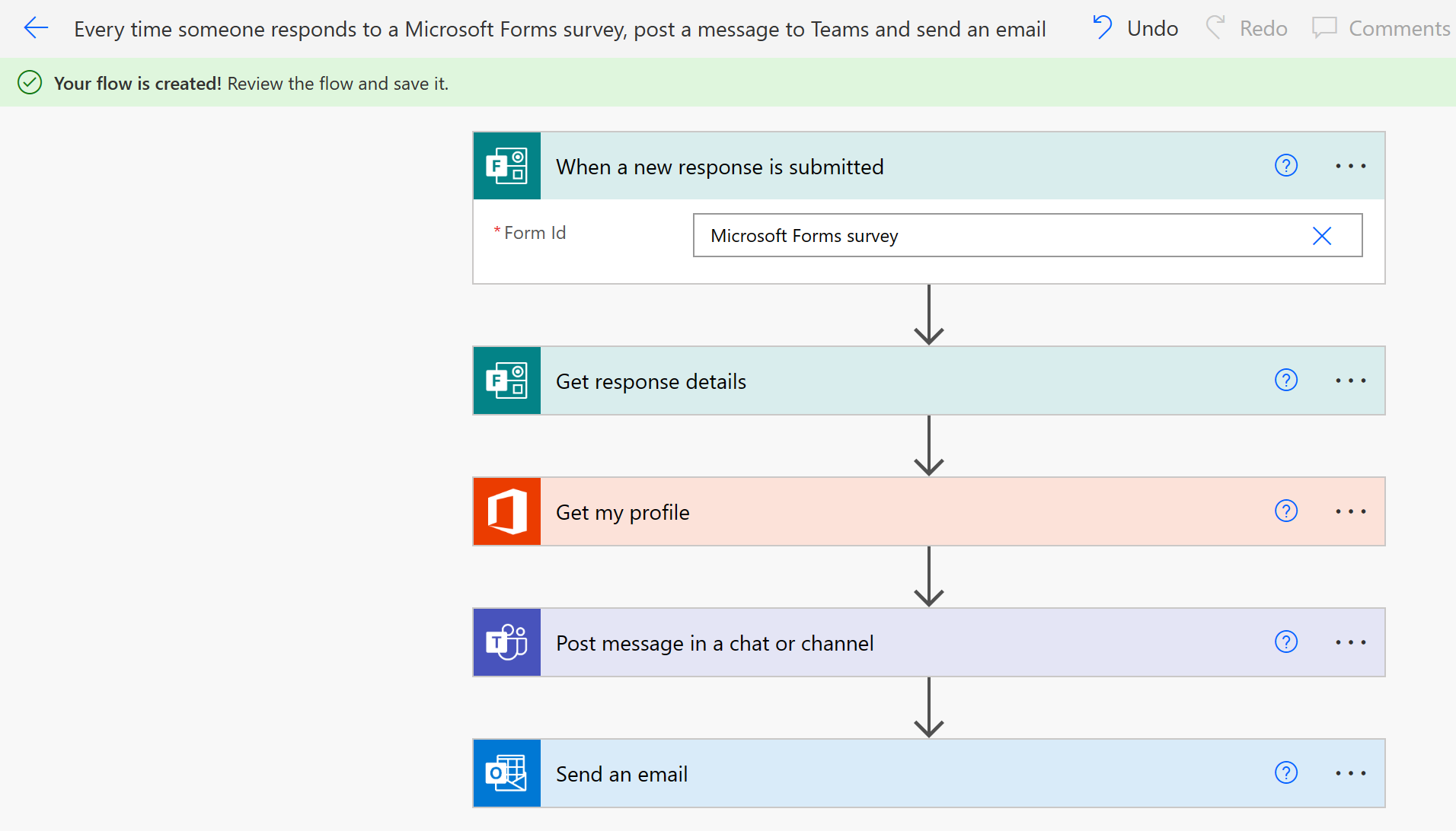 Screenshot of the Microsoft Power Automate designer showing a workflow with a file trigger, an Office action to get a user's profile and an Outlook action to send an email.