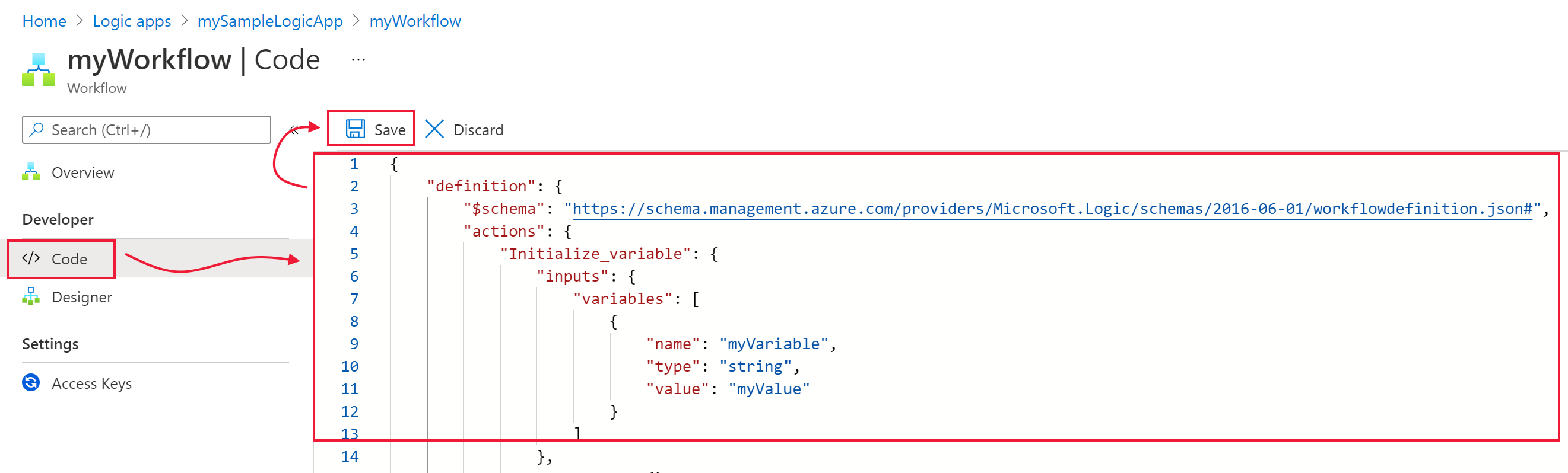 Screenshot of the Azure Logic Apps code editor in the Azure portal.