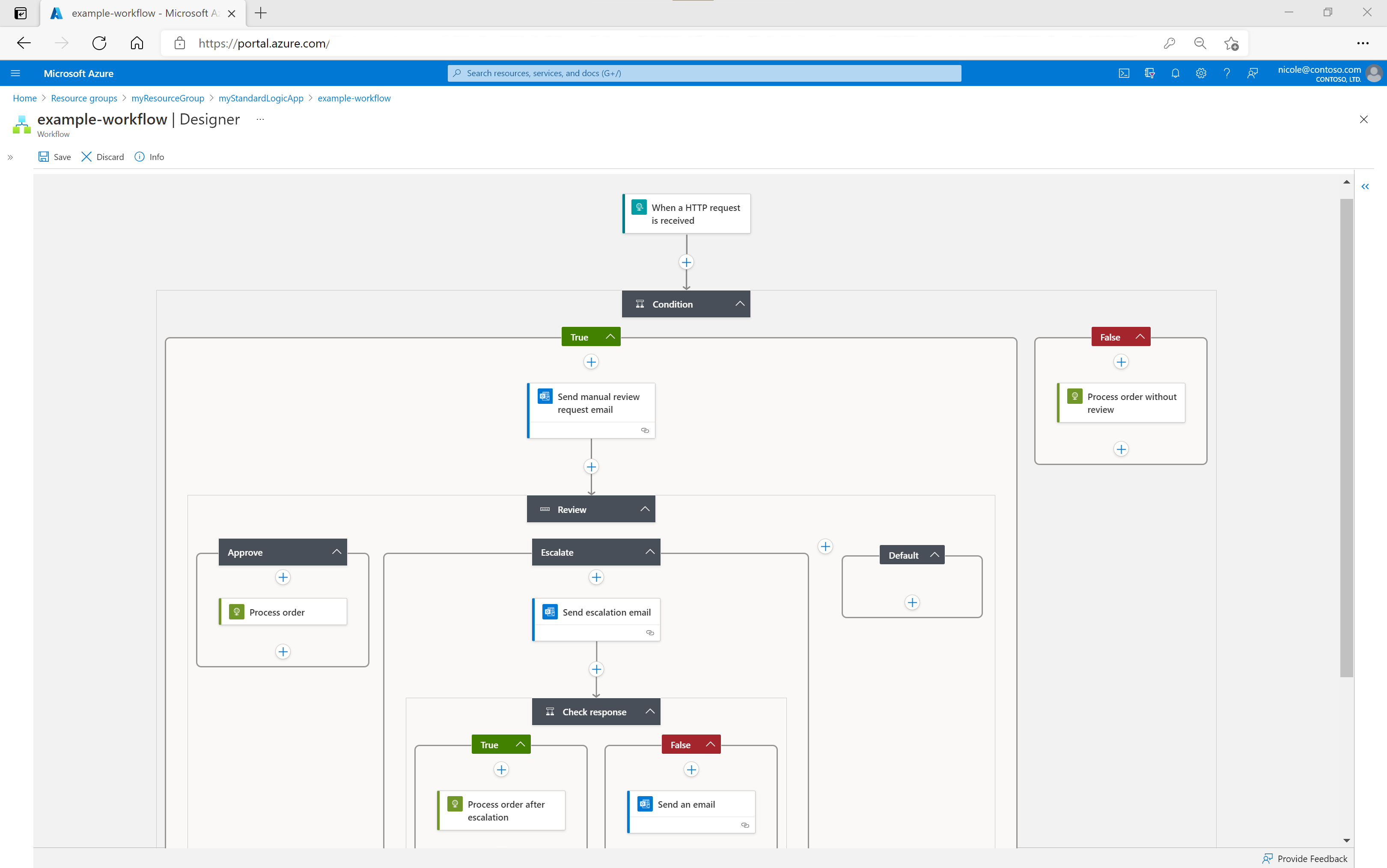 Screenshot of Azure Logic Apps workflow designer in the Azure portal.